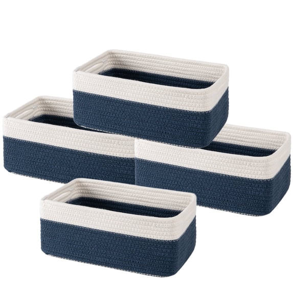 HLAOLA 4-Pack Cotton Rope Storage Baskets, Rectangle Baskets with Handles, Nursery & Bathroom Organizer