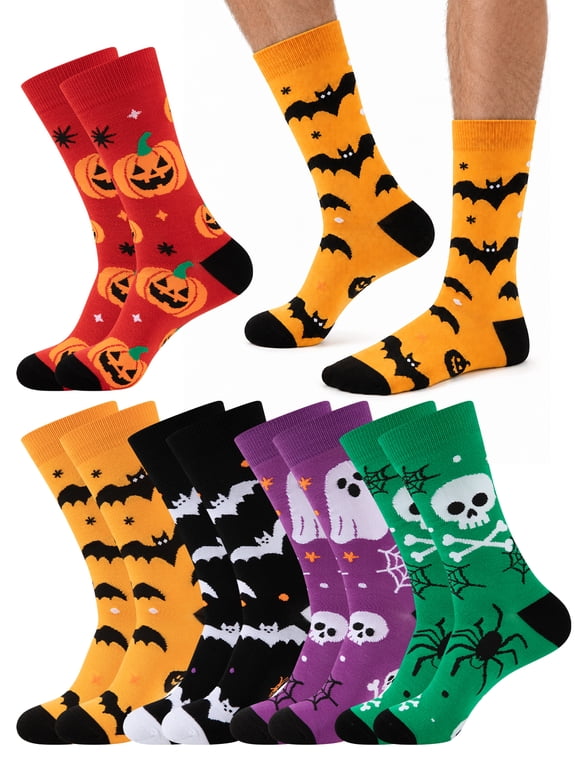 Mens 5 Pairs Halloween Socks Colorful Crazy Funny Crew Socks as Perfect Gift