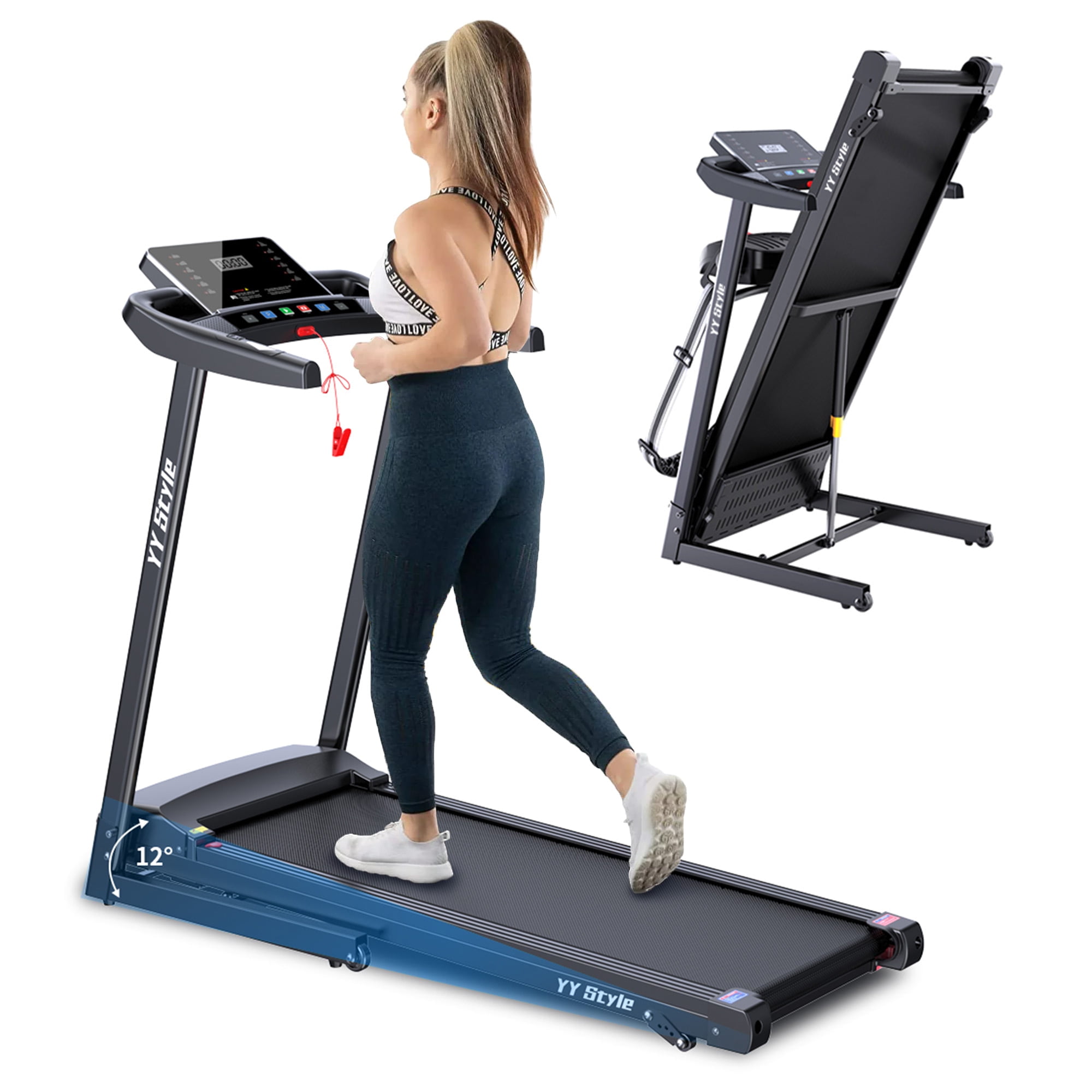 HLAiLL Folding Treadmill with Manual Incline HIIT Modes Fitness Workout Exercise Machine w Wireless Bluetooth Speakers LCD Screen Shock Absorbent
