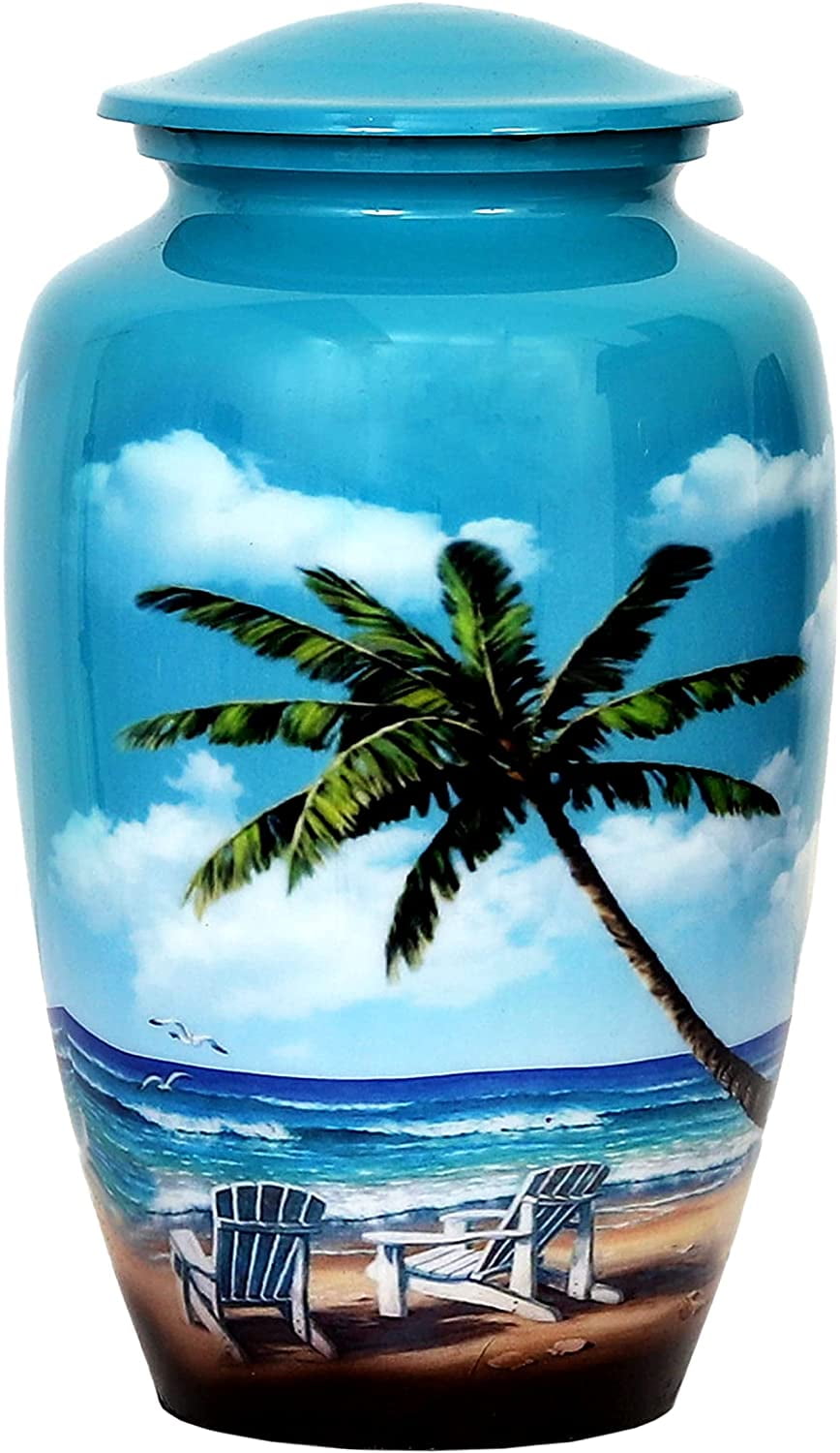 HLC URNS Lovely Beach Blue Cremation Urn for Human Ashes - Adult Funeral Urn Handcrafted - Affordable Urn for Ashes (Adult (200 lbs) 10.5 x 6, Lovely Beach Blue Cremation Urn)
