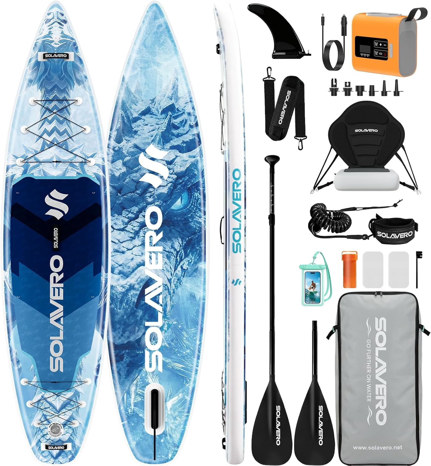 SOLAVERO 12'5"×33" Extra Large Inflatable Stand Up Paddle Board with Seat Premium Accessories, Anti-Slip EVA Deck SUP Board For 2+1