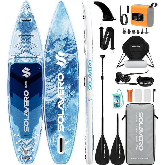 SOLAVERO 12'5"×33" Extra Large Inflatable Stand Up Paddle Board with Seat Premium Accessories, Anti-Slip EVA Deck SUP Board For 2+1