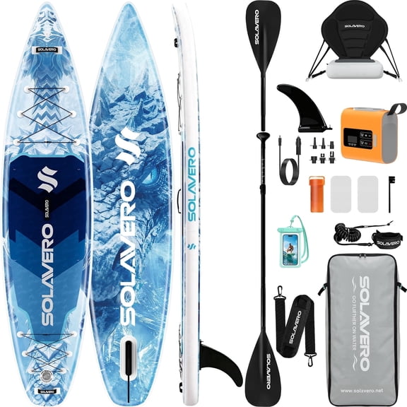 SOLAVERO 12'5"×33" Extra Large Inflatable Stand Up Paddle Board with Seat Premium Accessories, Anti-Slip EVA Deck SUP Board For 2+1