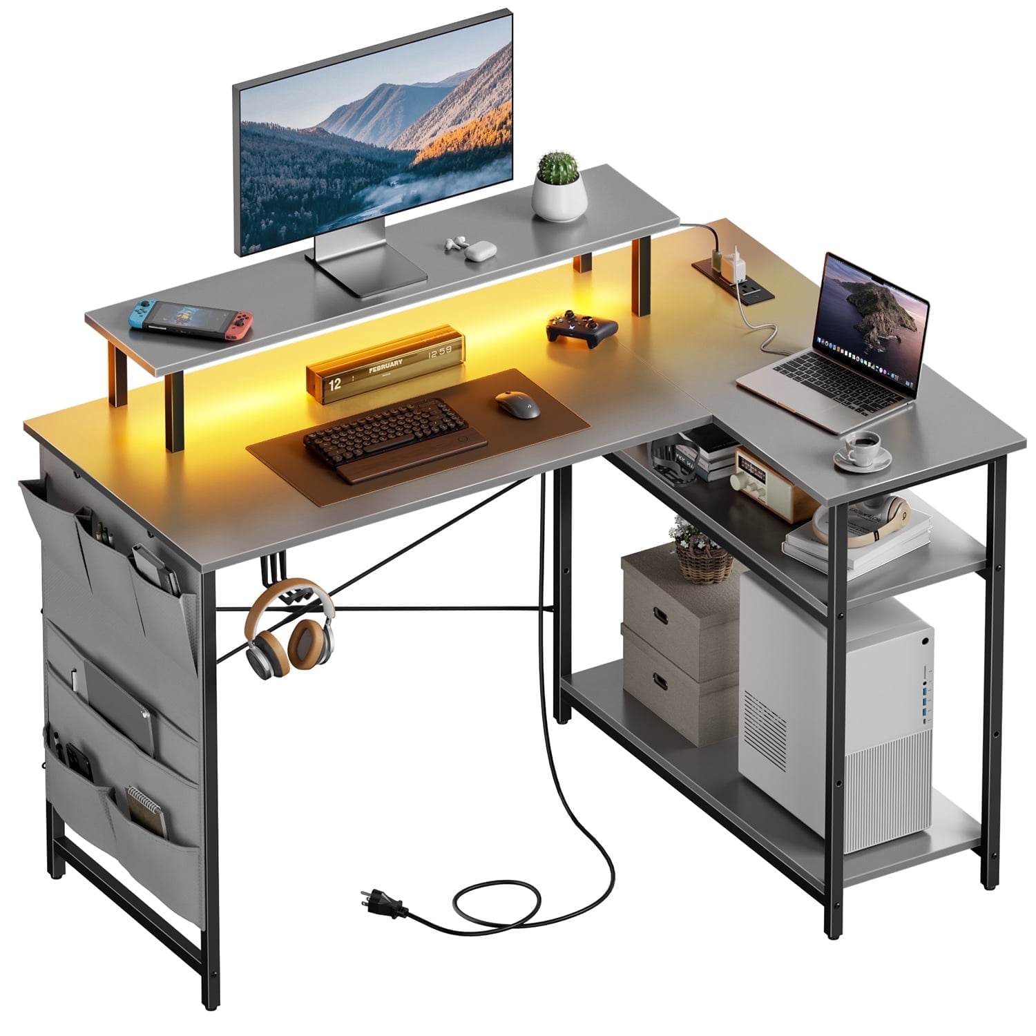 HLDIRECT 43 Inch L Shaped Computer Desk with Power Outlet, Gaming Corner Desk with LED Lights, Home Office Table with Storage Shelves & Monitor Stand, Grey