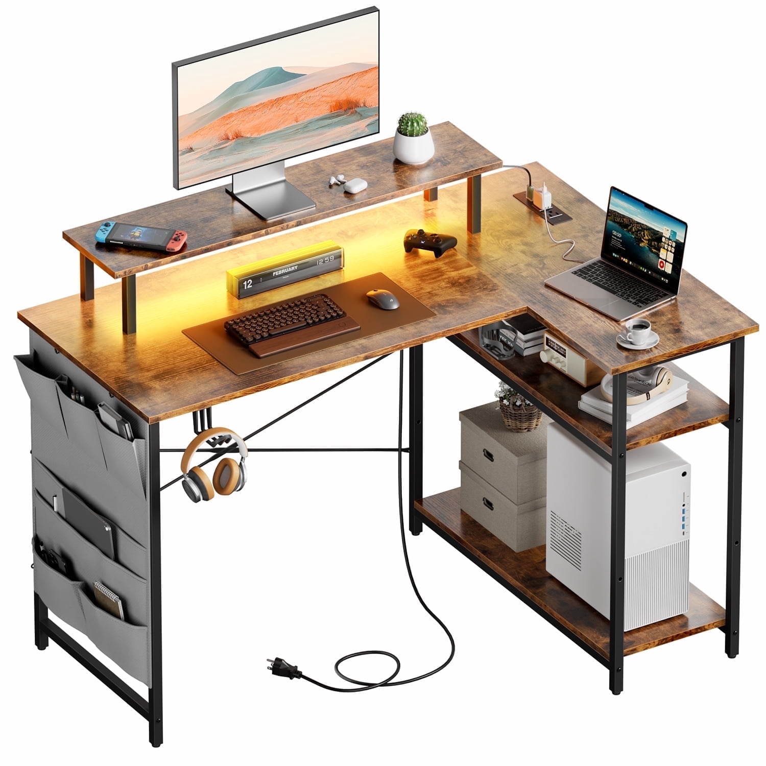 HLDIRECT 43 Inch L Shaped Computer Desk with Power Outlet, Gaming Corner Desk with LED Lights, Home Office Table with Storage Shelves & Monitor Stand, Rustic Brown