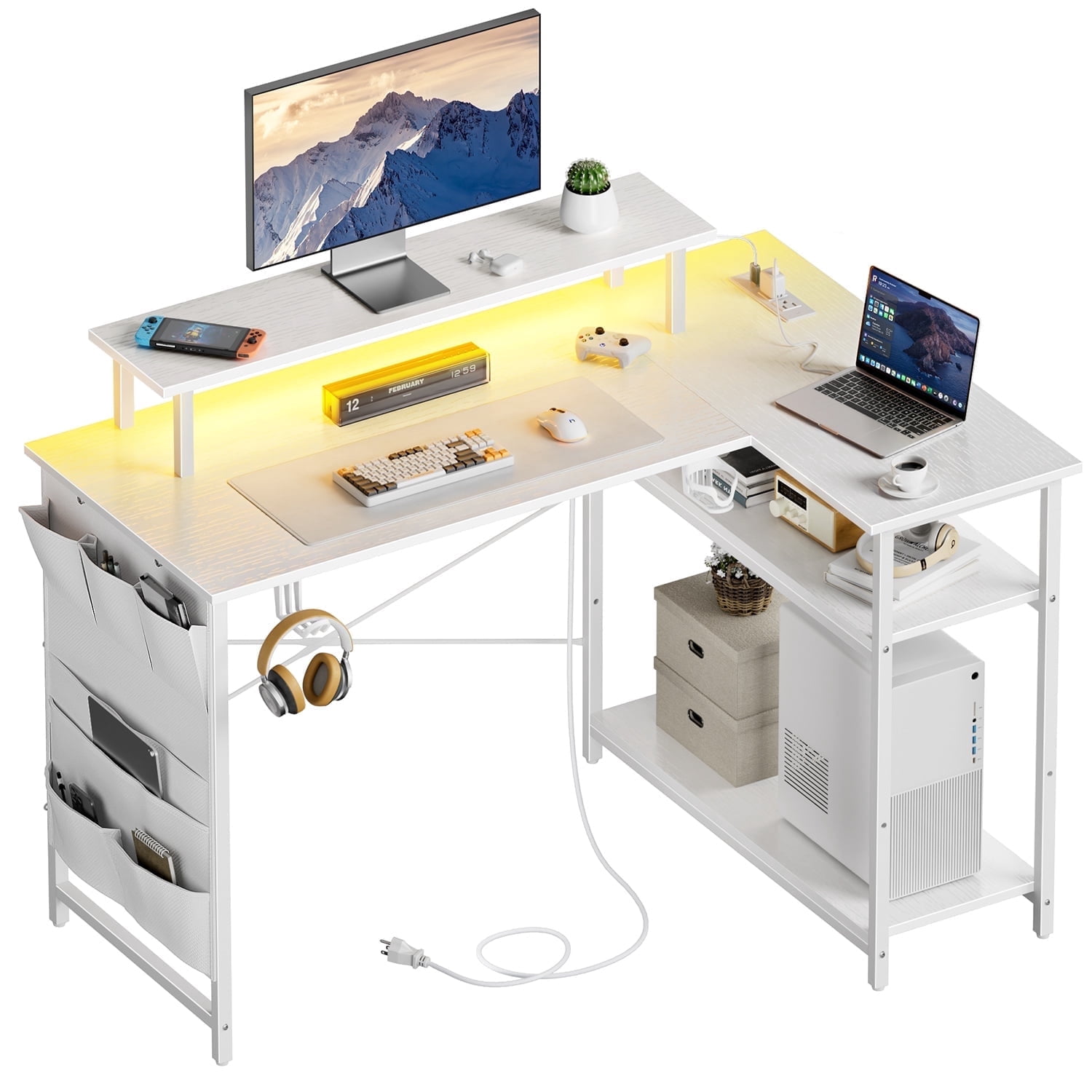 HLDIRECT 43 Inch L Shaped Computer Desk with Power Outlet, Gaming Corner Desk with LED Lights, Home Office Table with Storage Shelves & Monitor Stand, White