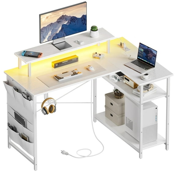 HLDIRECT 43 Inch L Shaped Computer Desk with Power Outlet, Gaming Corner Desk with LED Lights, Home Office Table with Storage Shelves & Monitor Stand, White