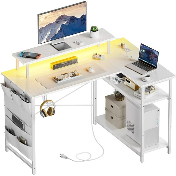 HLDIRECT 44 Inch L Shaped Computer Desk with Power Outlet, Gaming Desk with LED Lights, Corner Desk with Monitor Stand & Height Adjustable Storage Shelves, Home Office Desk for Bedroom, White