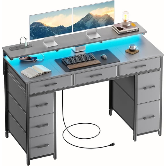 MUERE 47 inch Computer Desk with 8 Storage Drawers, Gaming Desk with LED Lights & USB Power Outlets, Home Office Table with Monitor Stand, Study Writing Work Table for Bedroom, Grey