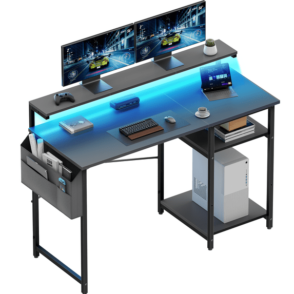 HLDIRECT 47 inch Computer Desk, Office Desk with LED Lights and Monitor Stand