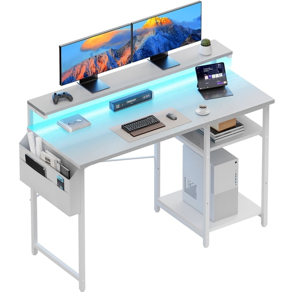 HLDIRECT 47 inch Computer Desk, Office Desk with LED Lights and Monitor Stand