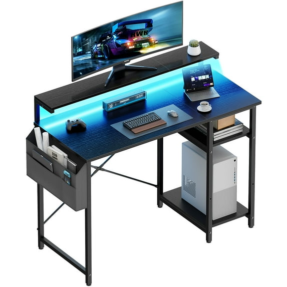 HLDIRECT 47 inch Computer Desk, Office Desk with LED Lights and Monitor Stand