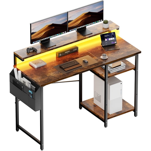 HLDIRECT 47 inch Computer Desk, Office Desk with LED Lights and Monitor Stand