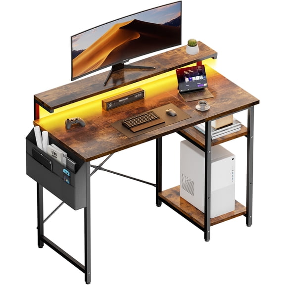 HLDIRECT 47 inch Computer Desk, Office Desk with LED Lights and Monitor Stand
