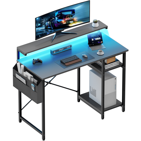 HLDIRECT 47 inch Computer Desk, Office Desk with LED Lights and Monitor Stand