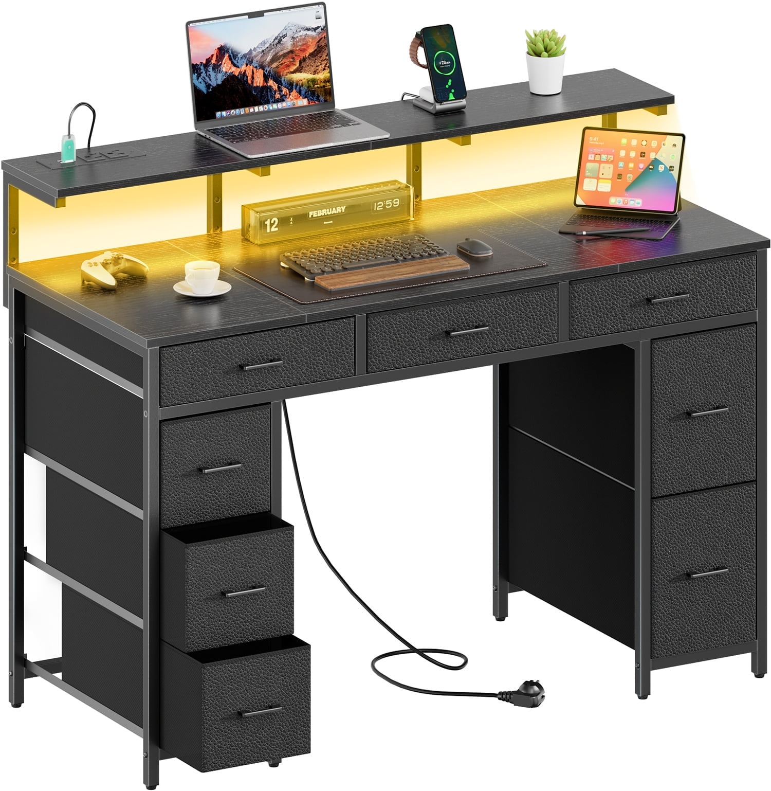 HLDIRECT 47 inch Computer Desk with 8 Drawers, Gaming Desk with LED Lights & USB Power Outlets, Home Office Table with Monitor Stand, Black