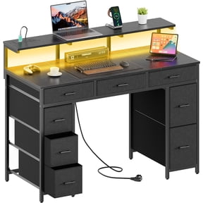 HLDIRECT 47 inch Computer Desk with 8 Drawers, Gaming Desk with LED Lights & USB Power Outlets, Home Office Table with Monitor Stand, Black