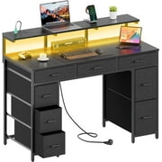 HLDIRECT 47 inch Computer Desk with 8 Drawers, Gaming Desk with LED Lights & USB Power Outlets, Home Office Table with Monitor Stand, Black