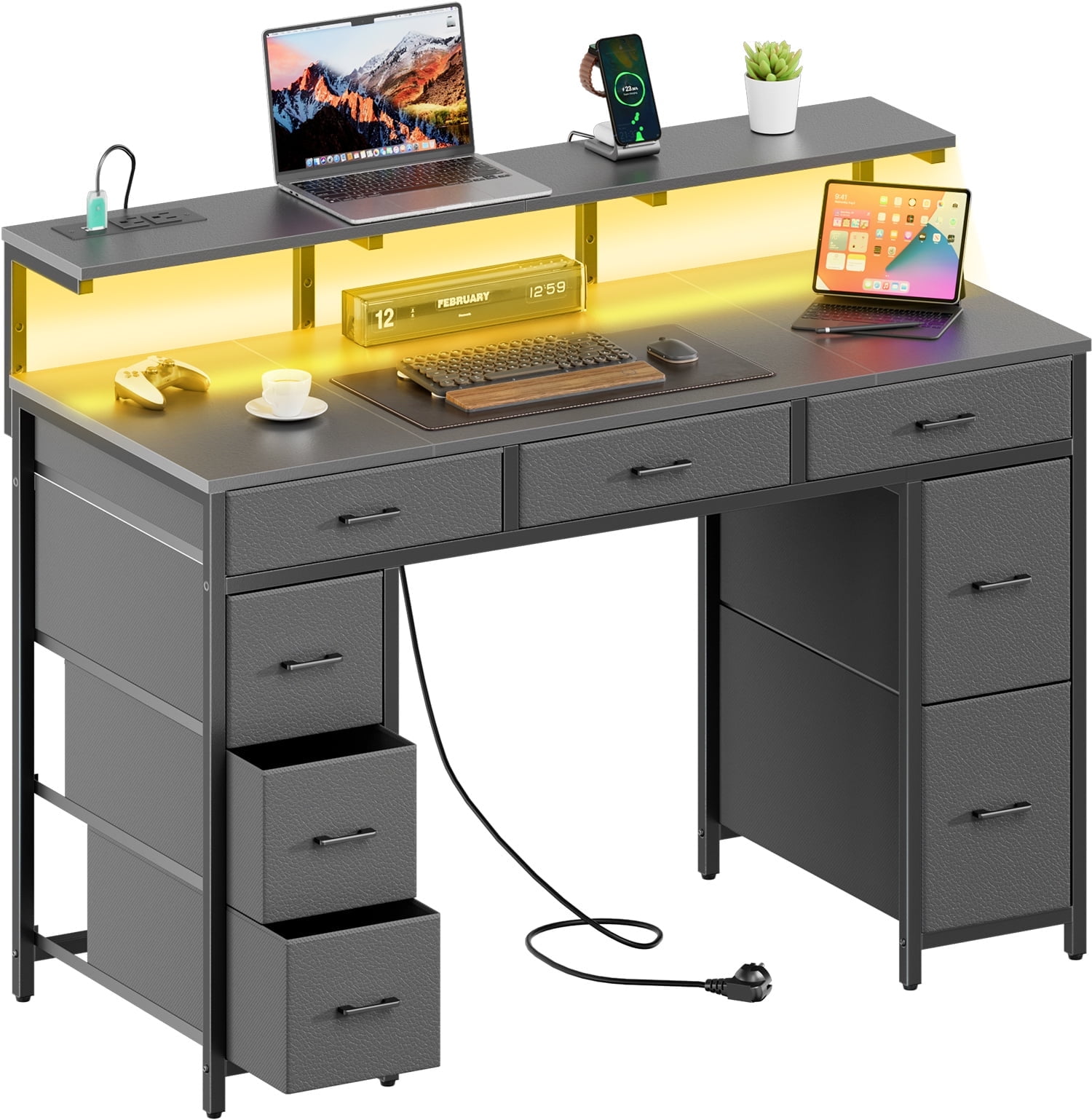 HLDIRECT 47 inch Computer Desk with 8 Drawers, Gaming Desk with LED Lights & USB Power Outlets, Home Office Table with Monitor Stand, Grey