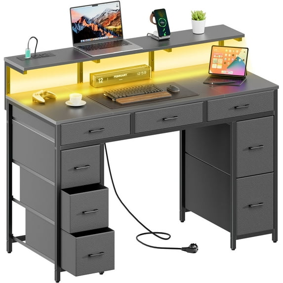 HLDIRECT 47 inch Computer Desk with 8 Drawers, Gaming Desk with LED Lights & USB Power Outlets, Home Office Table with Monitor Stand, Grey