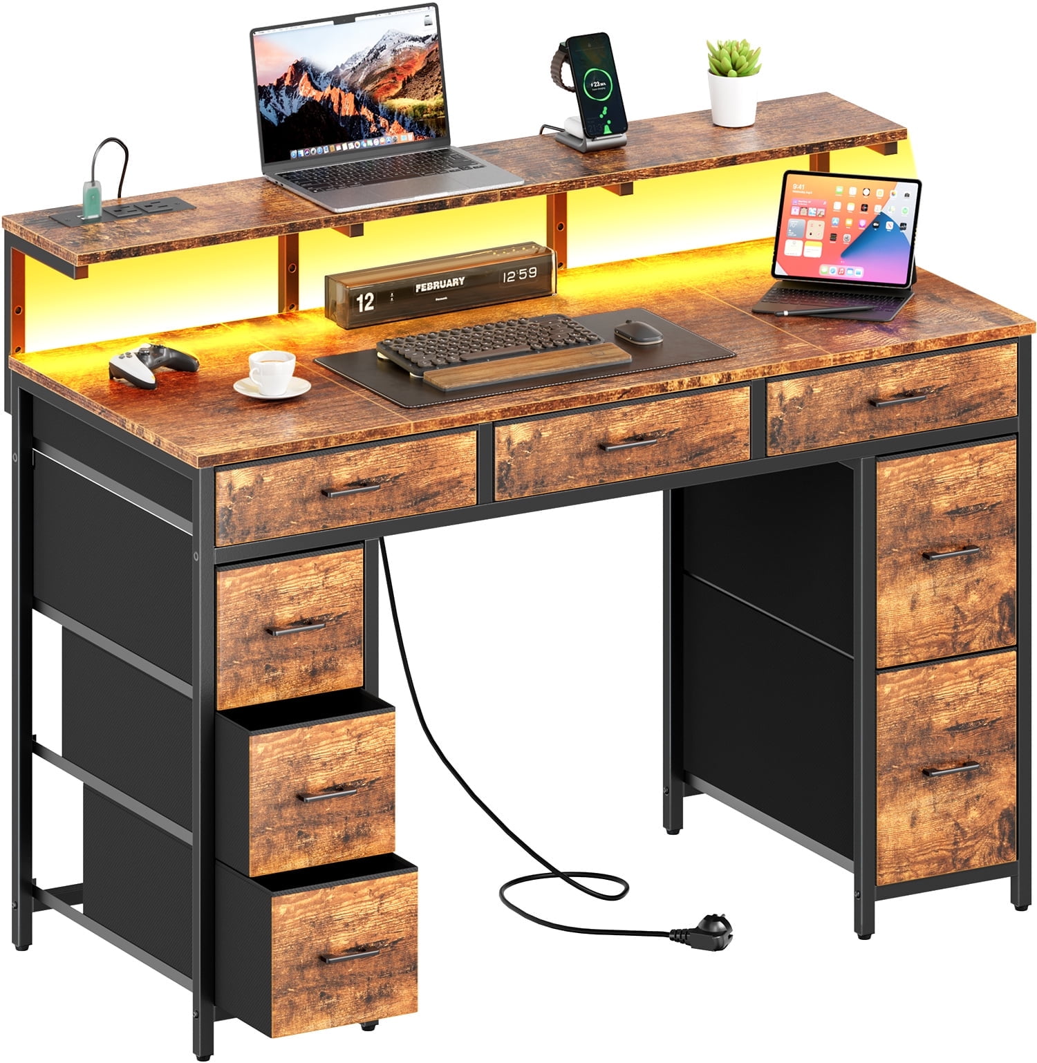 HLDIRECT 47 inch Computer Desk with 8 Drawers, Gaming Desk with LED Lights & USB Power Outlets, Home Office Table with Monitor Stand, Rustic Brown