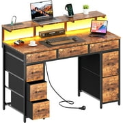 HLDIRECT 47 inch Computer Desk with 8 Drawers, Gaming Desk with LED Lights & USB Power Outlets, Home Office Table with Monitor Stand, Rustic Brown