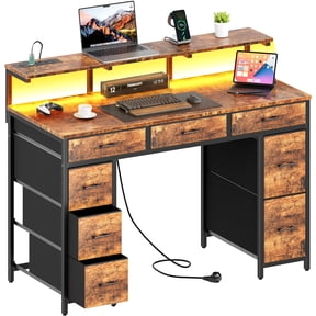 HLDIRECT 47 inch Computer Desk with 8 Drawers, Gaming Desk with LED Lights & USB Power Outlets, Home Office Table with Monitor Stand, Rustic Brown