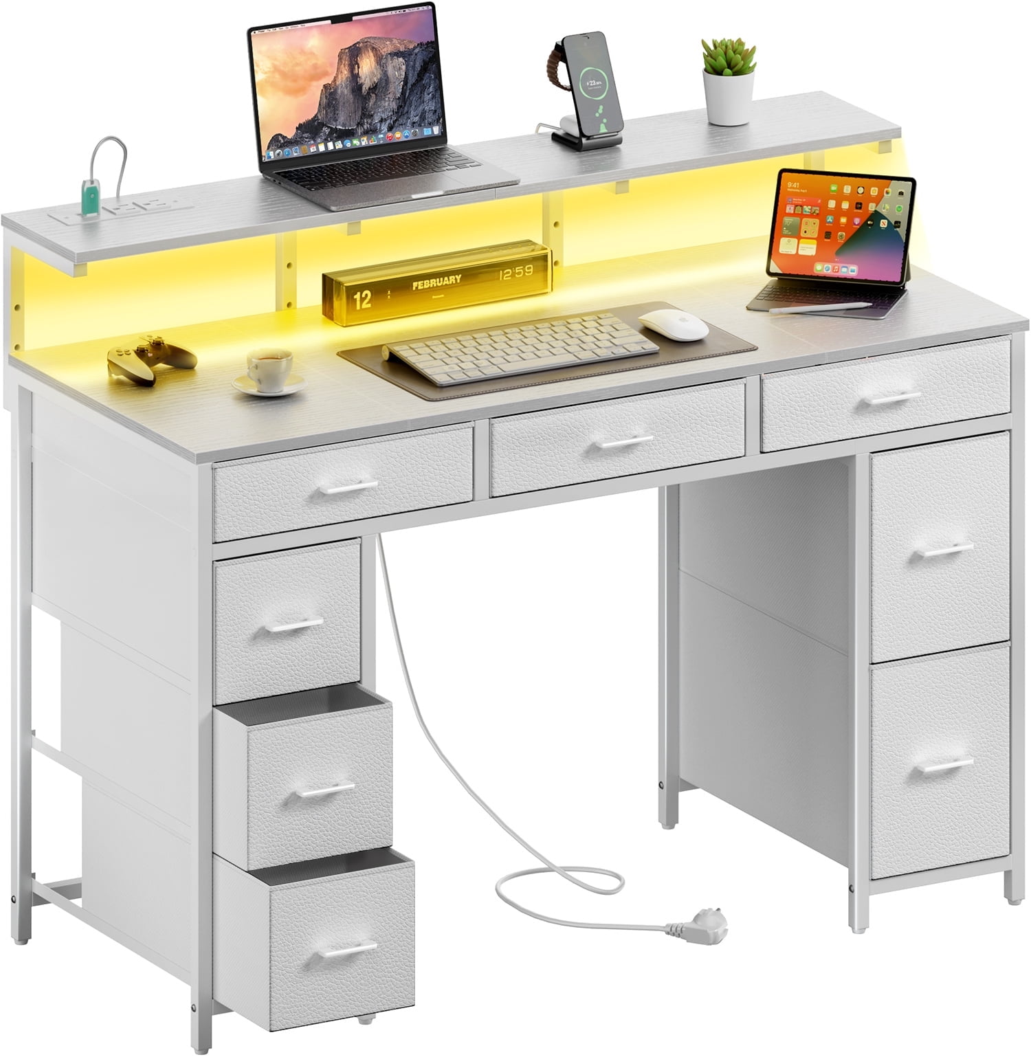 HLDIRECT 47 inch Computer Desk with 8 Drawers, Gaming Desk with LED Lights & USB Power Outlets, Home Office Table with Monitor Stand, White