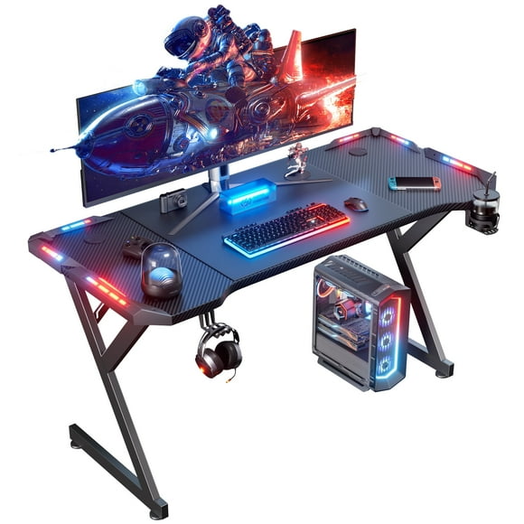 HLDIRECT 47 inch Gaming Desk with LED, Ergonomic Game Table, Computer Desk for Adults, Black