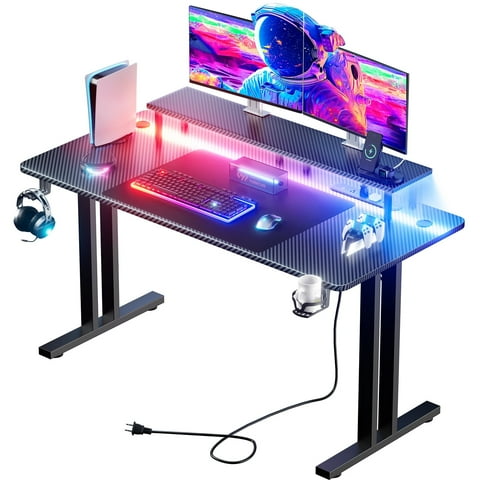 HLDIRECT 47 inch Gaming Desk with LED Lights & Power Outlet, Computer Gamer Desk with Monitor Stand