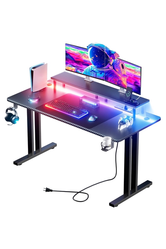 47 inch Gaming Desk with LED Lights & Power Outlet, Computer Gamer Desk with Monitor Stand