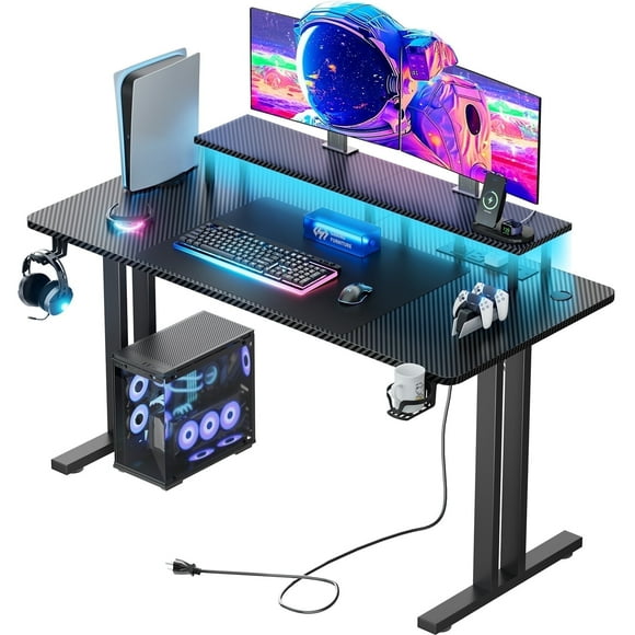 HLDIRECT 47 inch Gaming Desk with LED Lights & Power Outlet, Computer Gamer Desk with Monitor Stand