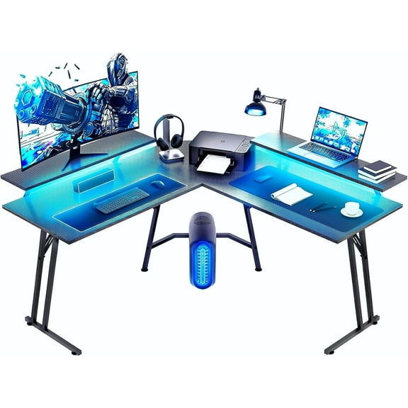 HLDIRECT 51 Inch L Shaped Gaming Desk with Monitor Stand and LED Lights, Corner Computer Desk with Carbon Fiber Surface, PC Gaming Table for Home Office Writing Workstation, Easy to Install, Black