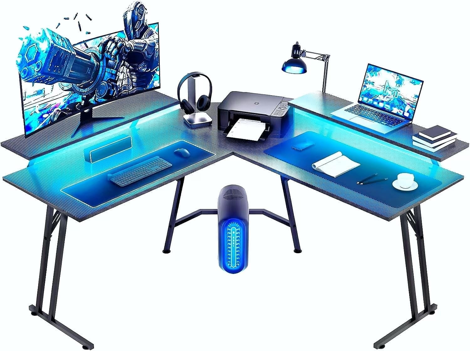HLDIRECT 51 inch L Shaped Gaming Desk with Monitor Stand and LED Lights, Corner Computer Desk, PC Gaming Table