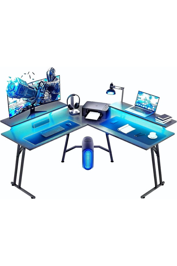 51 inch L Shaped Gaming Desk with Monitor Stand and LED Lights, Corner Computer Desk, PC Gaming Table
