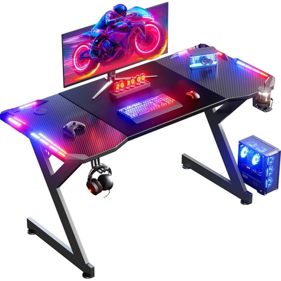 HLDIRECT 55 inch Gaming Desk with LED Lights, Ergonomic Gaming Table, Large Computer Desk with Headphone Hook & Cup Holder