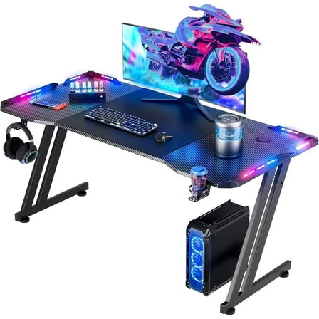 HLDIRECT 55 inch Gaming Desk with LED, Ergonomic PC Table with Cup Holder&Headphone Hook for Adults, Black