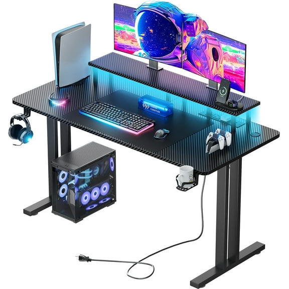 HLDIRECT 55 inch Gaming Desk with LED Lights & Power Outlet, Computer Gamer Desk with Monitor Stand