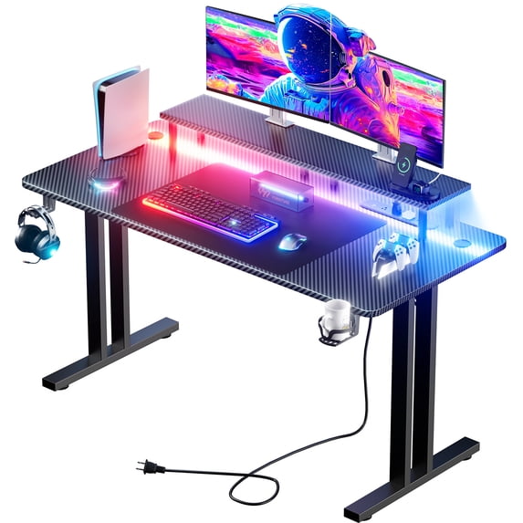HLDIRECT 55 inch Gaming Desk with LED Lights & Power Outlet, Computer Gamer Desk with Monitor Stand
