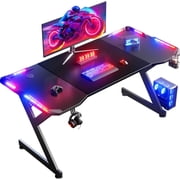 HLDIRECT 63 inch Gaming Desk with LED Lights, Large Gaming Table, Ergonomic Computer Table, Black
