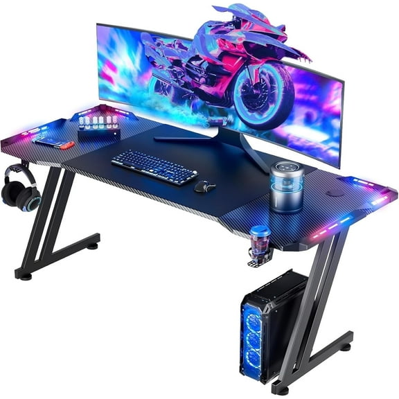 HLDIRECT 63 inch Gaming Desk with LED, PC Table with Cup Holder&Headphone Hook for Adult and Teen