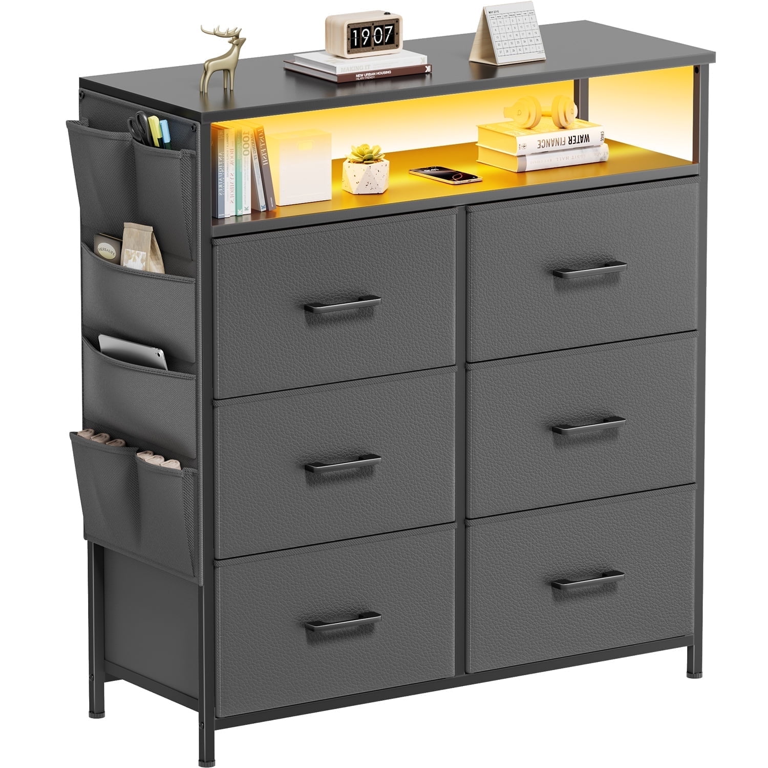 HLDIRECT Dresser for Bedroom with 6 Drawers, Fabric Chest of Drawers with Open Shelves & Side Storage Bags, Storage Cabinet with LED Lights for Living Room, Closet, Entryway, Gray