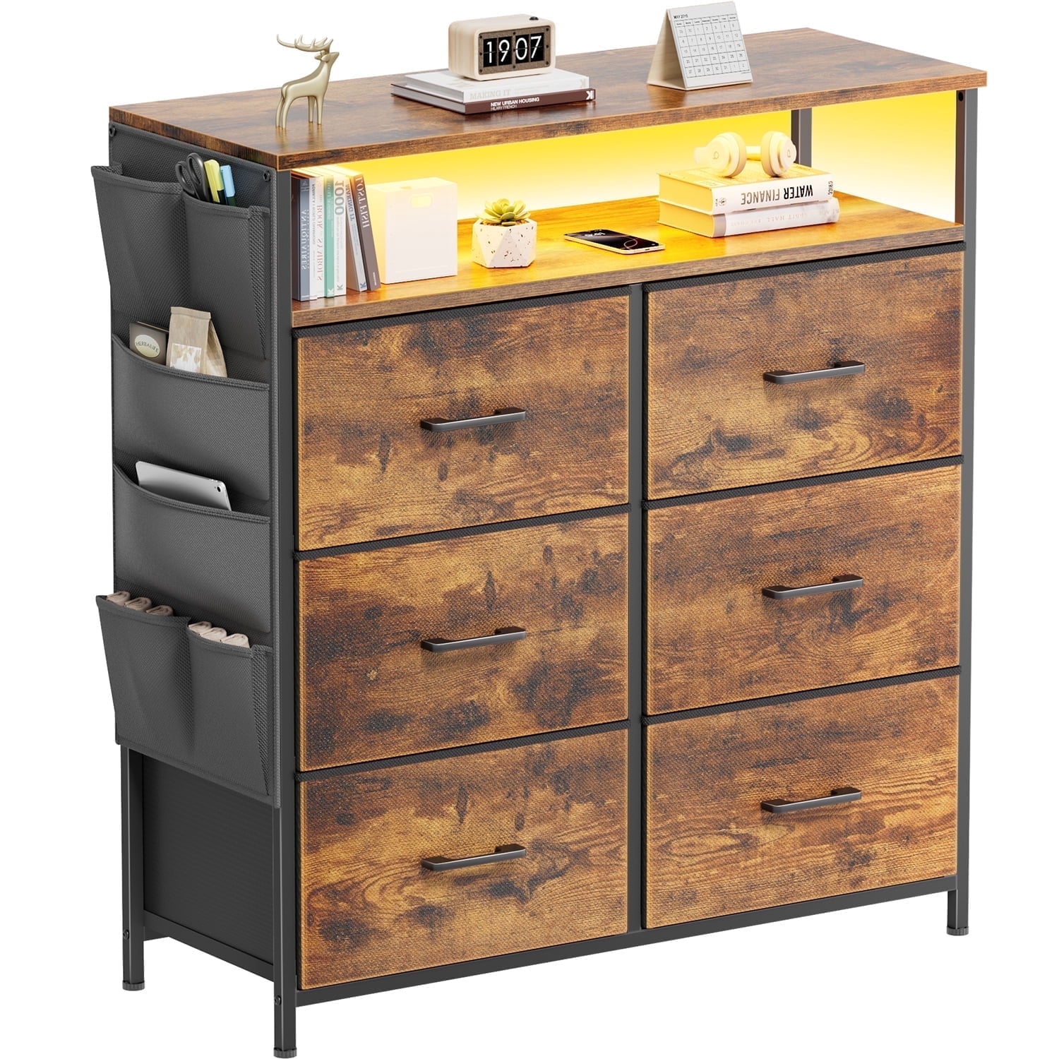 HLDIRECT Dresser for Bedroom with 6 Drawers, Fabric Chest of Drawers with Open Shelves & Side Storage Bags, Storage Cabinet with LED Lights for Living Room, Closet, Entryway, Gray