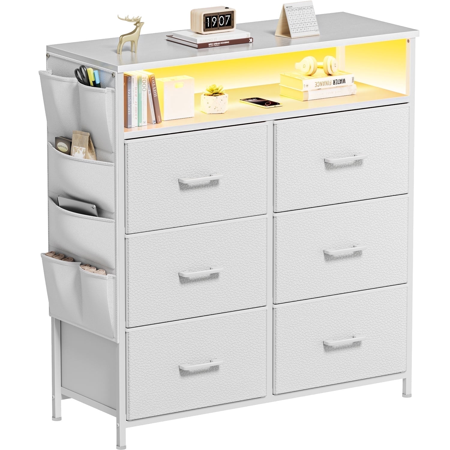 HLDIRECT Dresser for Bedroom with 6 Drawers, Fabric Chest of Drawers with Open Shelves & Side Storage Bags, Storage Cabinet with LED Lights for Living Room, Closet, Entryway, Gray