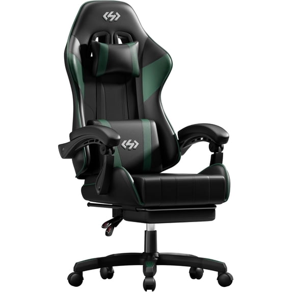 HLDIRECT Ergonomic Gaming Chair with Footrest, Gamer Chair with Lumbar & Headrest, Computer Chair for Adults, Black & Green