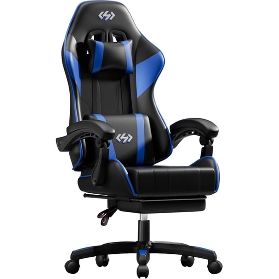 HLDIRECT Ergonomic Gaming Chair with Footrest, Gamer Chair with Lumbar & Headrest, Computer Chair for Adults, Black & Blue