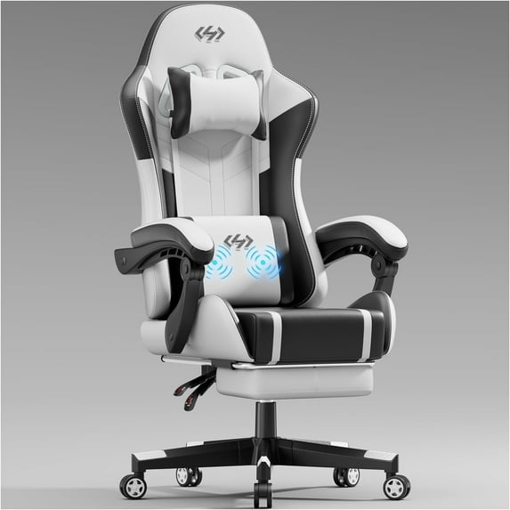HLDIRECT Gaming Chair with Footrest, Massage Leather Game Chair, Ergonomic Gamer Chair with Lumbar Support & Headrest for Adults,Black & White