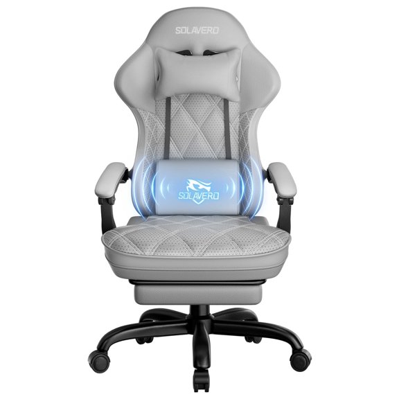 HLDIRECT Gaming Chair with Massager Lumbar Support, Ergonomics Computer Chair with Headrest, Silver Gray