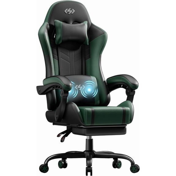 HLDIRECT Ergonomic High Back Gaming Chair with Pocket Spring Cushion, Game Chair with Footrest & Lumbar Massage, Gamer Chair, Computer Chair for Adults, Black & Green