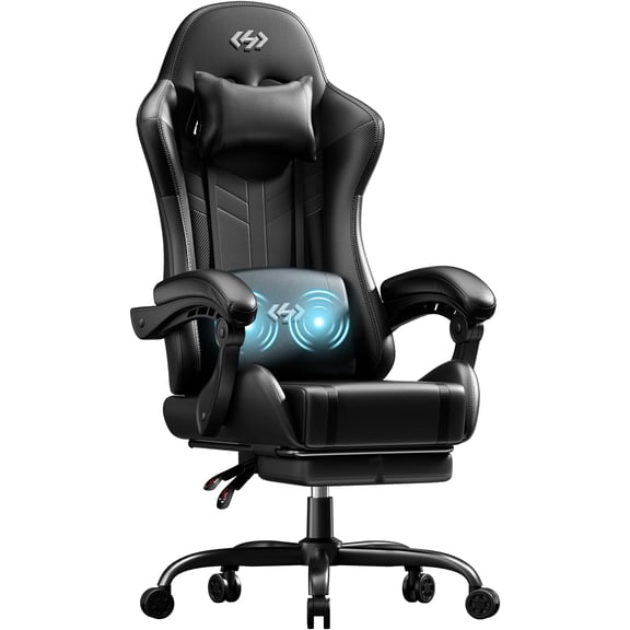 HLDIRECT Gaming Chair with Pocket Spring Cushion, Gamer Chair with Lumbar Massage, Gaming Computer Chair with Footrest for Adults, Black